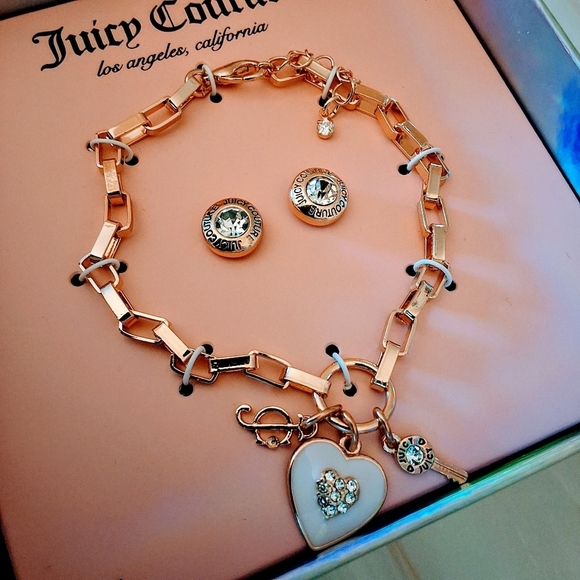 💥 Juicy Couture Y2K Jewelry Set – Gold Chain Bracelet & Crystal Stud Earrings - Picture 1 of 7